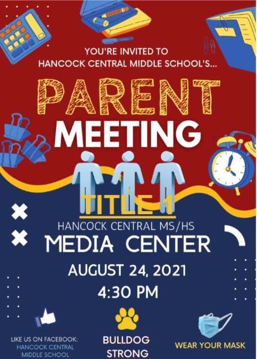 Title 1 Parent Meeting Hancock Middle School August 24 at 4-30 PM